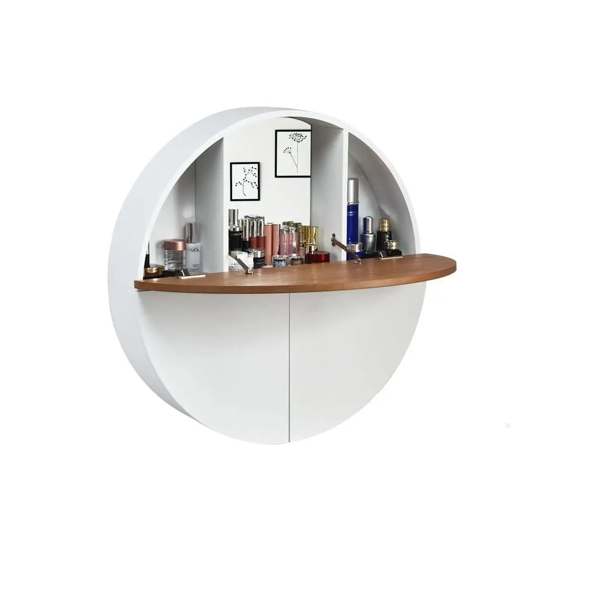 Toaletka naścienna okrągła z lustrem i półką