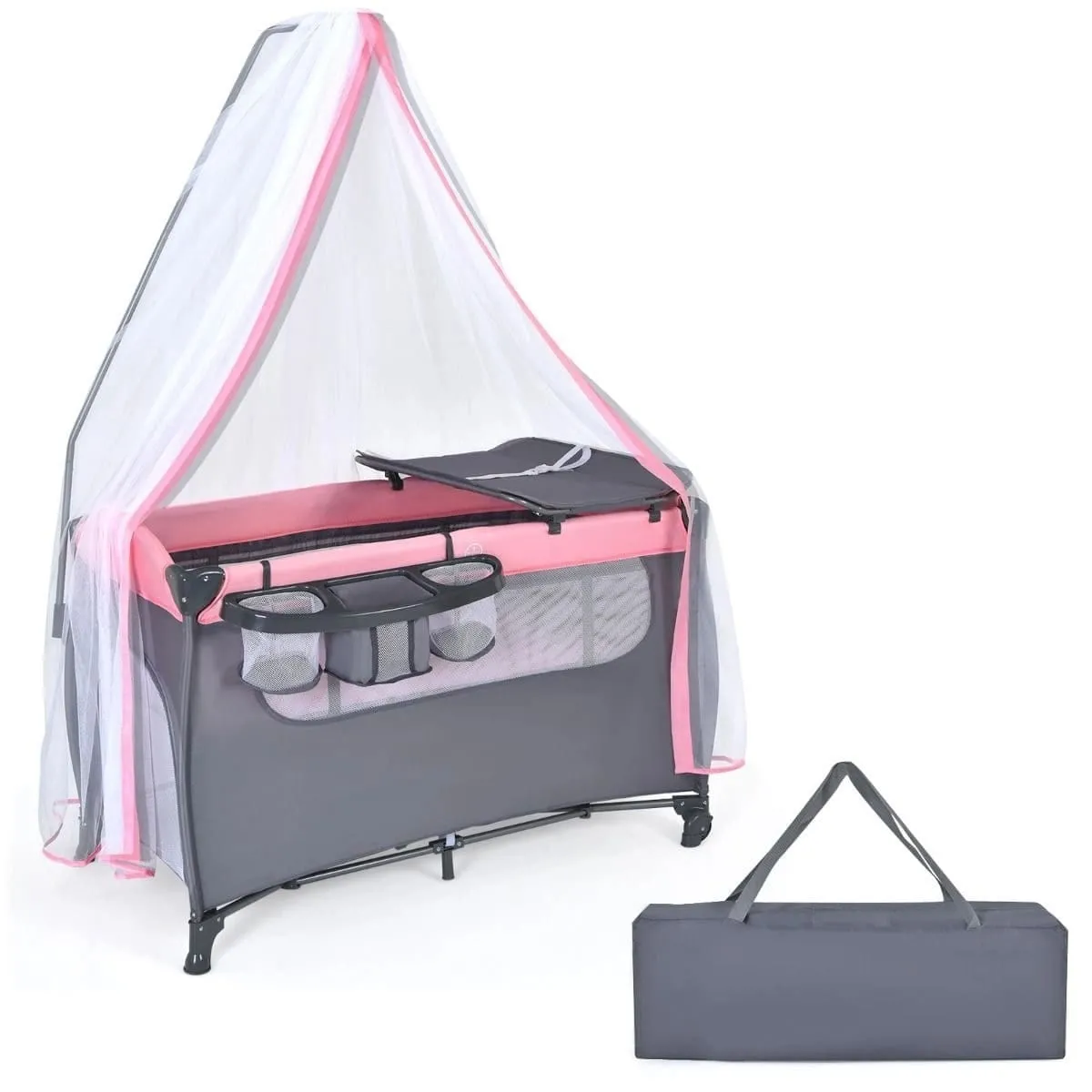 Dwupoziomowe łóżeczko z matą do przewijania dziecka z moskitierą i kółkami oraz torbą do przenoszenia