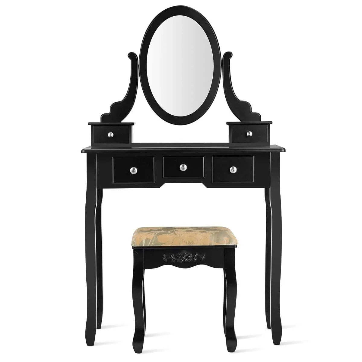 Drewniana toaletka z obrotowym lustrem i białym tapicerowanym stołkiem