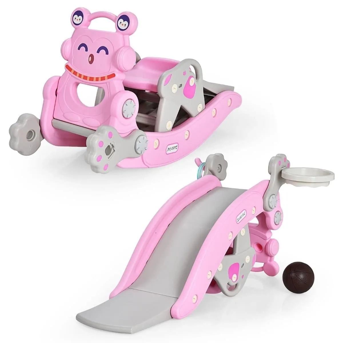 Konik na biegunach i zjeżdżalnia, zabawka 4w1 z obręczą do koszykówki i grą w rzucanie pierścieniami