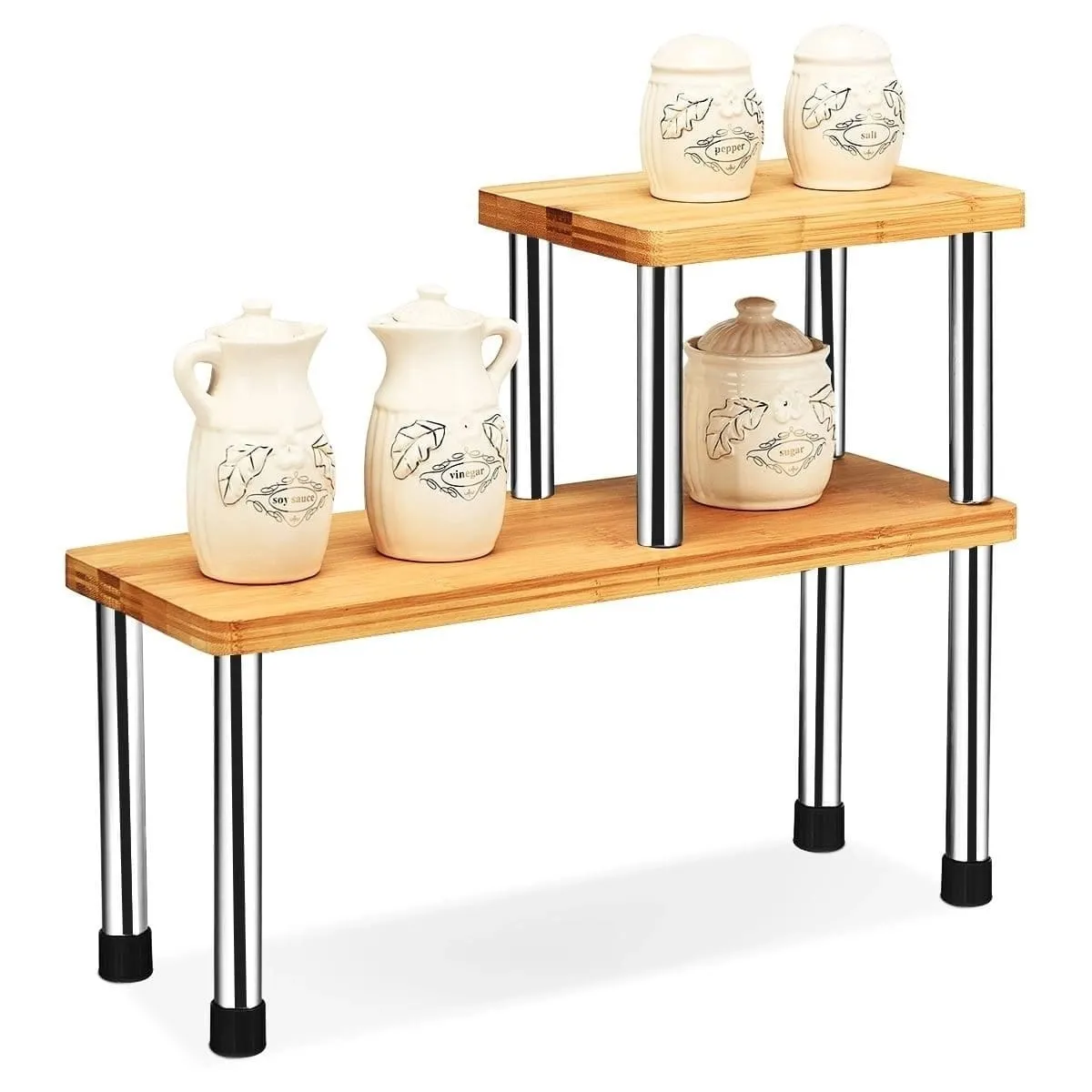 Zestaw dwóch bambusowych półek na nóżkach ze stali nierdzewnej 45 x 16 x 35 cm