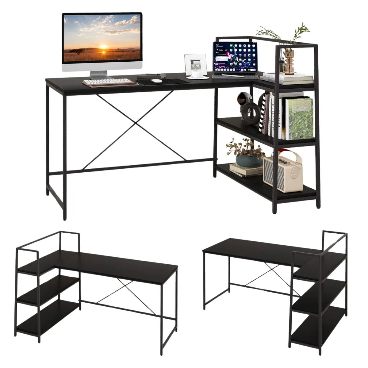 Narożne biurko komputerowe z 2 otwartymi półkami