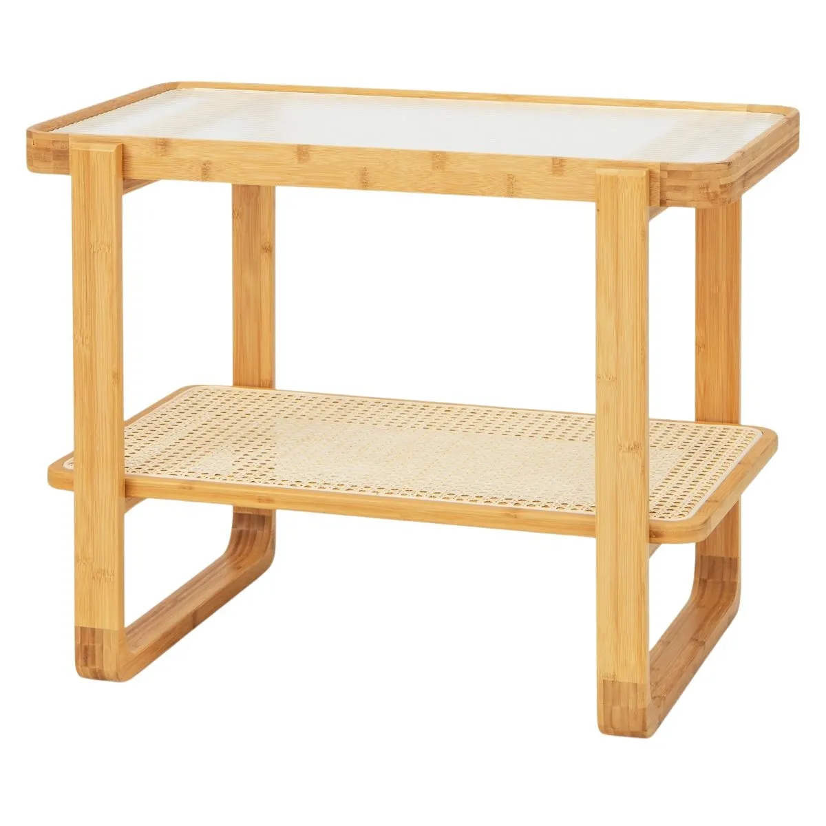 Bambusowy stolik kawowy ze szklanym blatem i rattanową półką