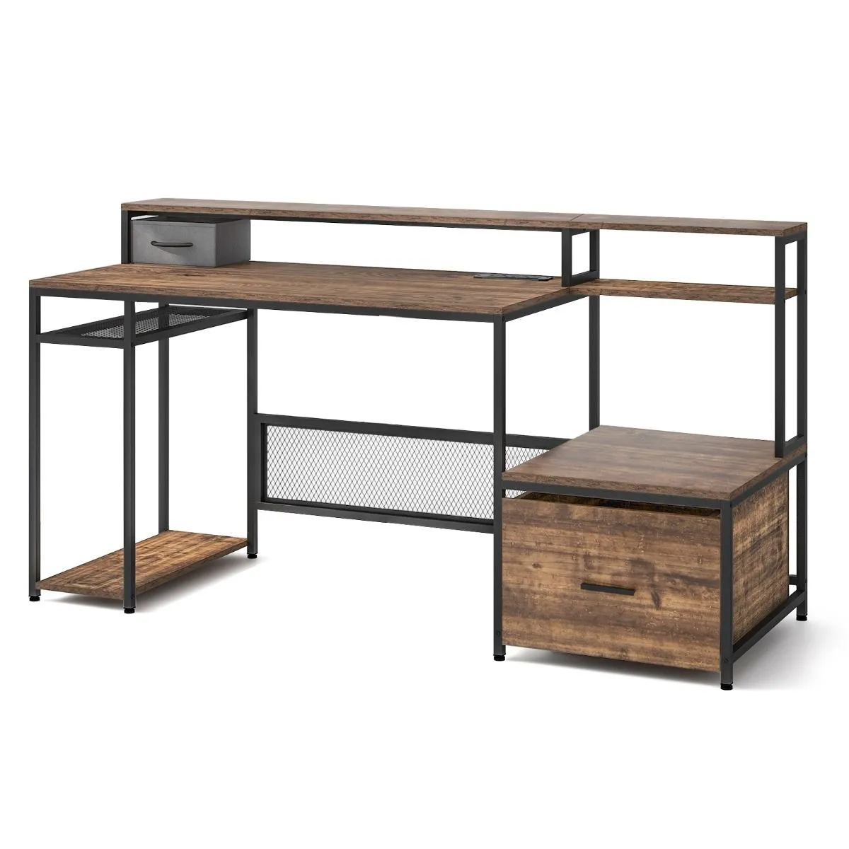 Biurko komputerowe z półką na monitor i zasilaczem