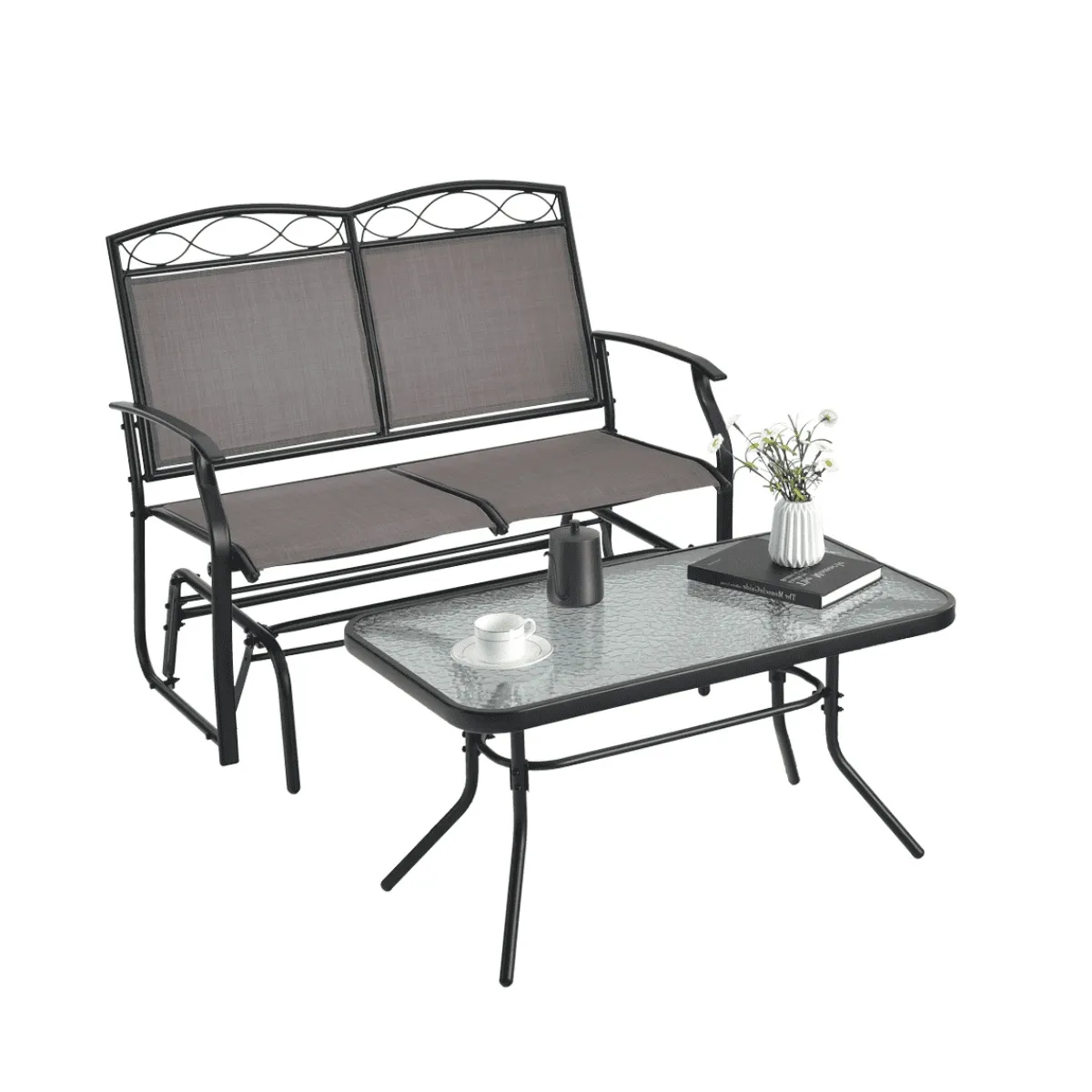 Ławka ogrodowa z funkcją kołysania z stolikiem ze szkła hartowanego