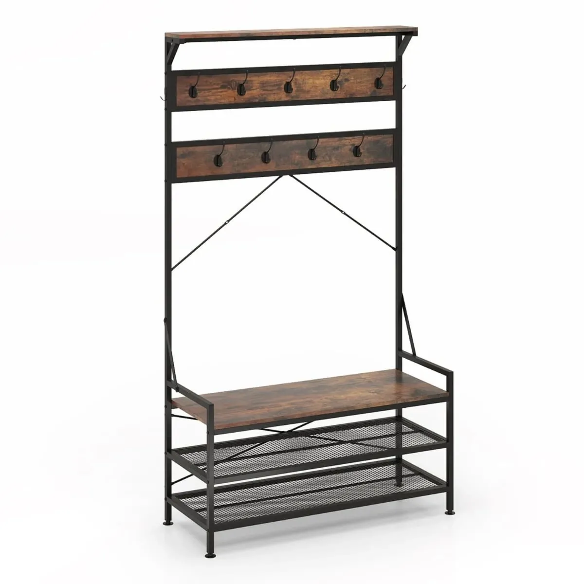 Wieszak na ubrania z półką na buty i ławką brązowy