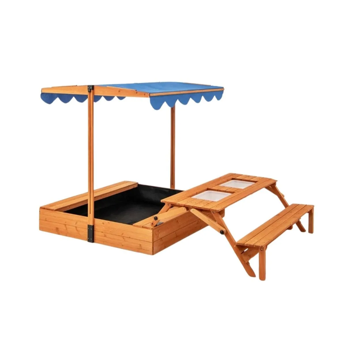 Zadaszona piaskownica ze stolikiem piknikowym i ławką