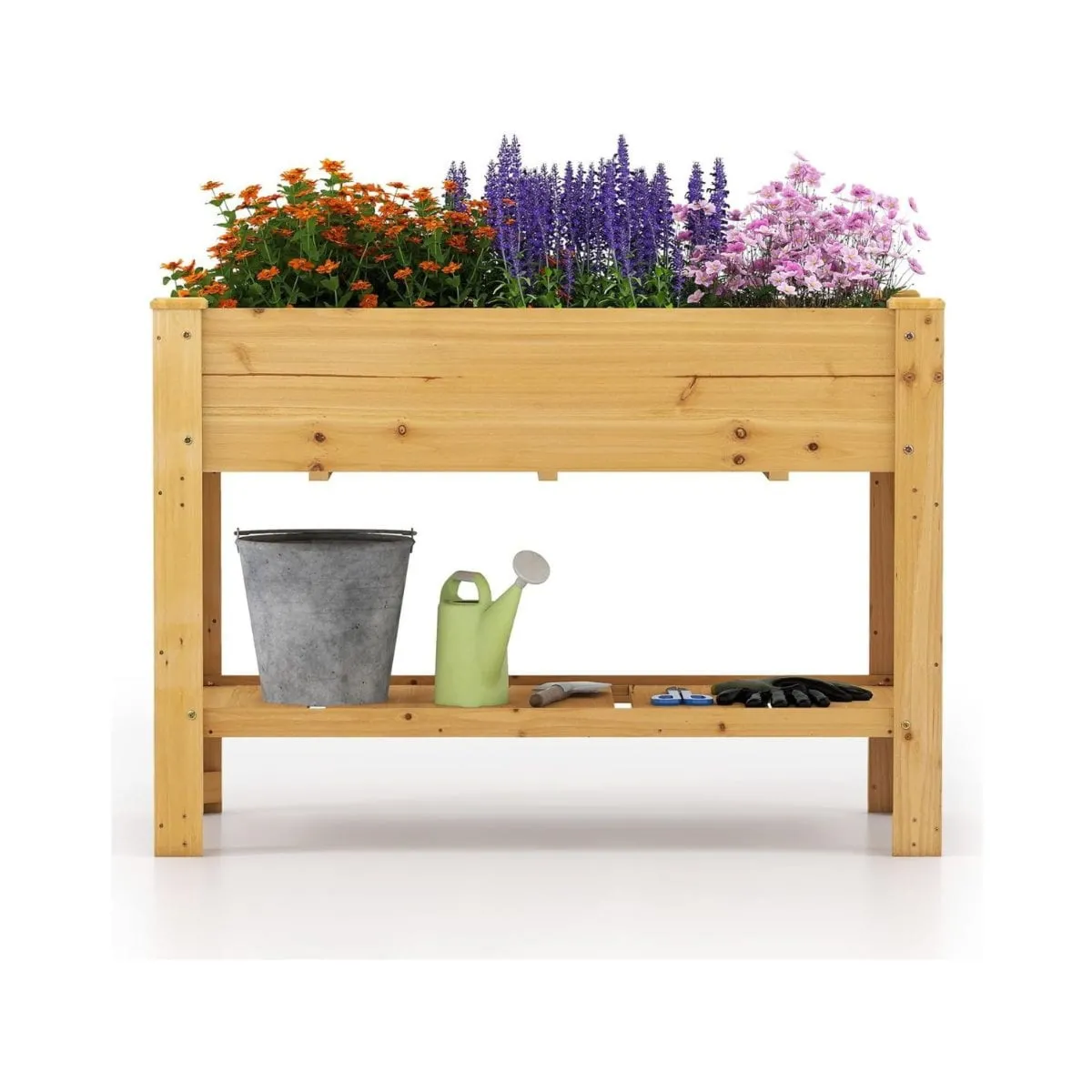 Drewniana podwyższona skrzynia ogrodowa z półką