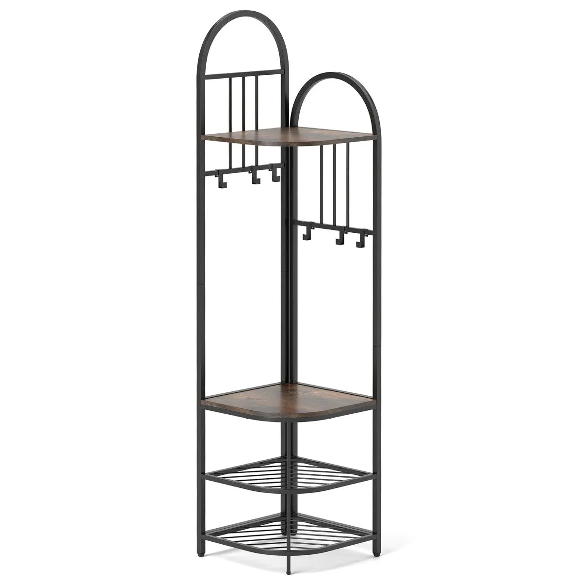 Narożny wieszak na ubrania z półkami na buty