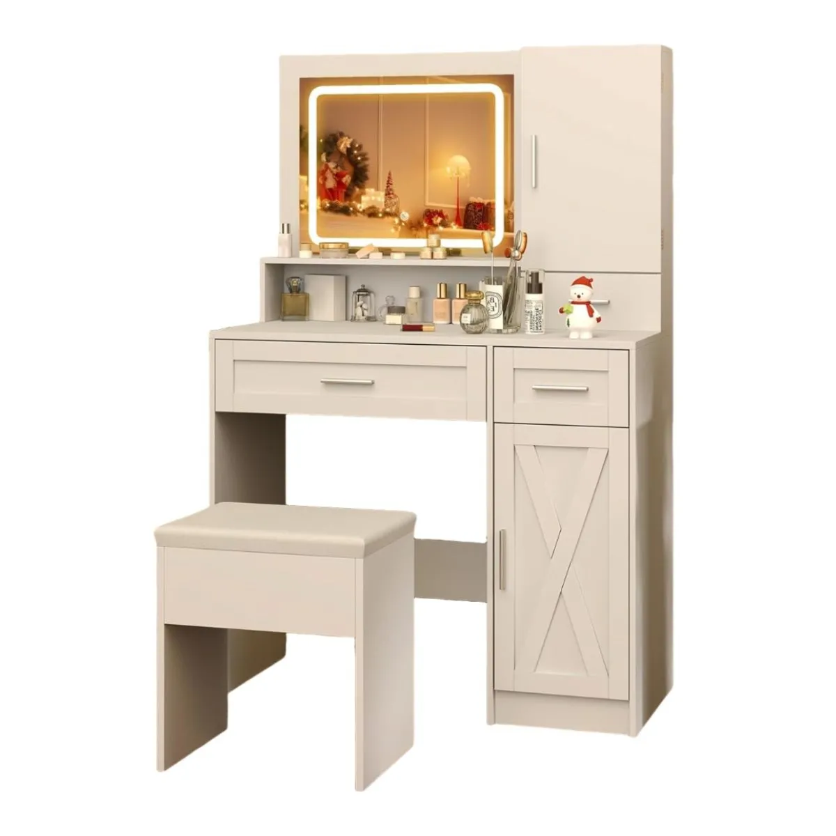 Toaletka z lustrem LED, stacją ładującą i taboretem