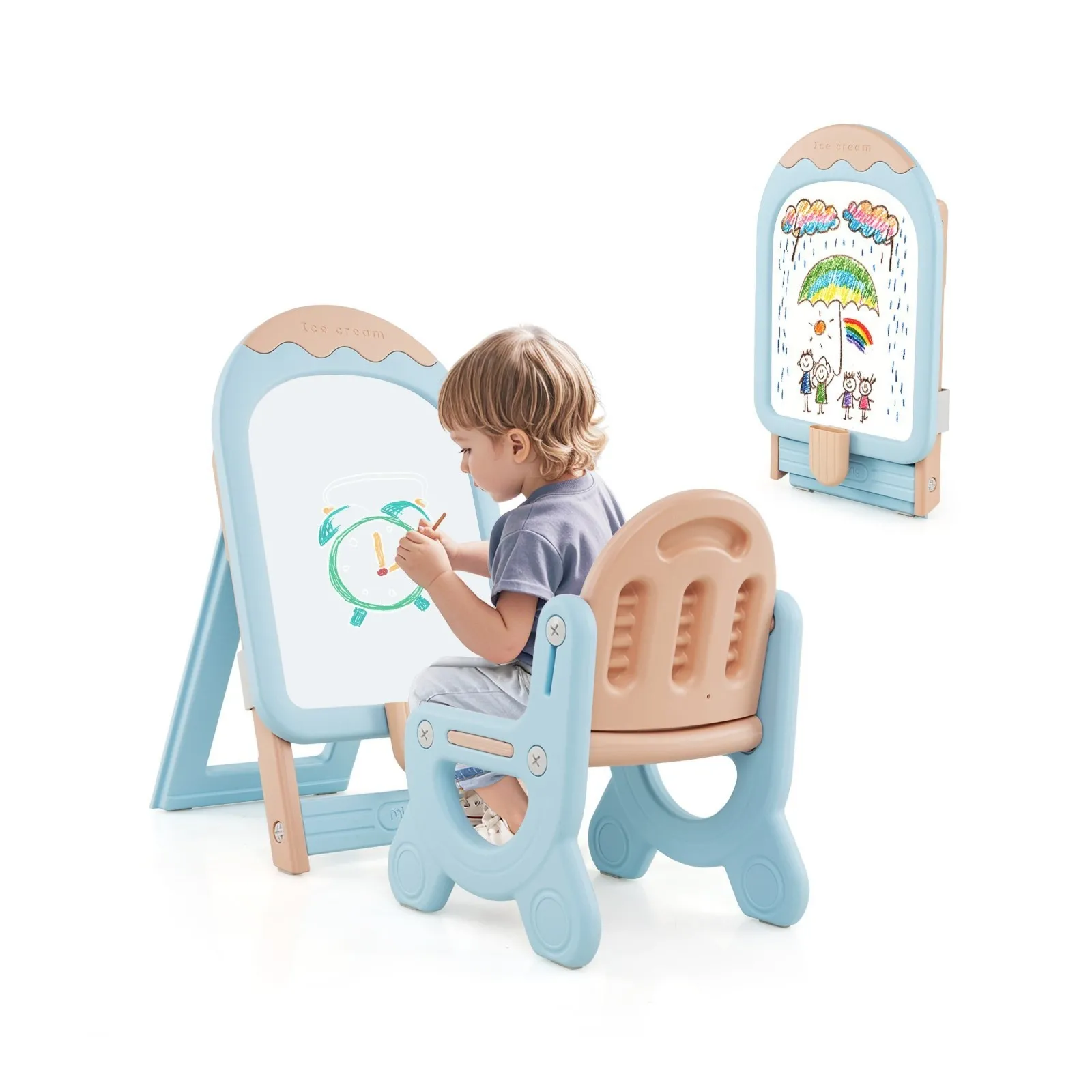 Tablica do rysowania z krzesłem dla dzieci niebieska