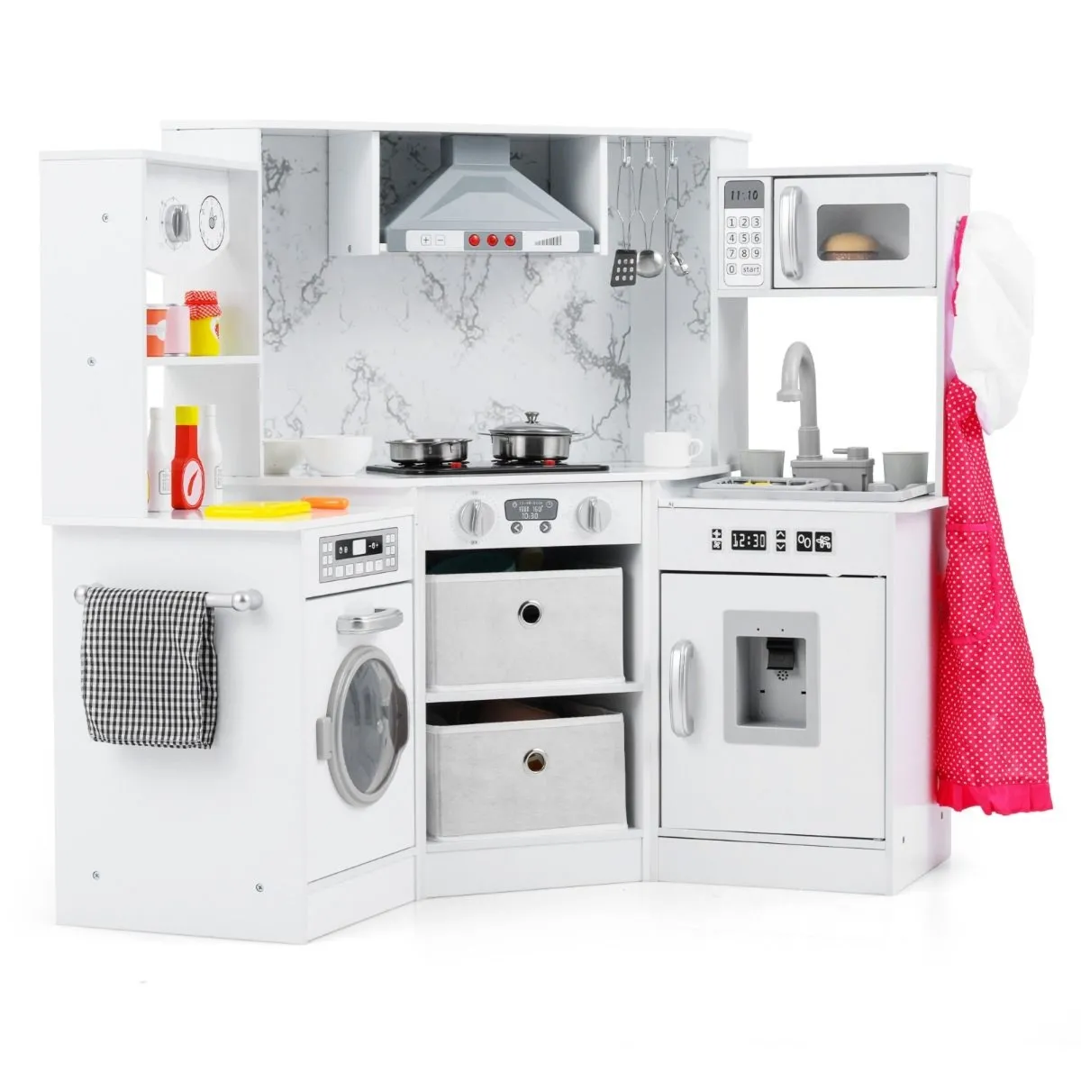 Drewniana kuchnia dziecięca z akcesoriami i pralką biała