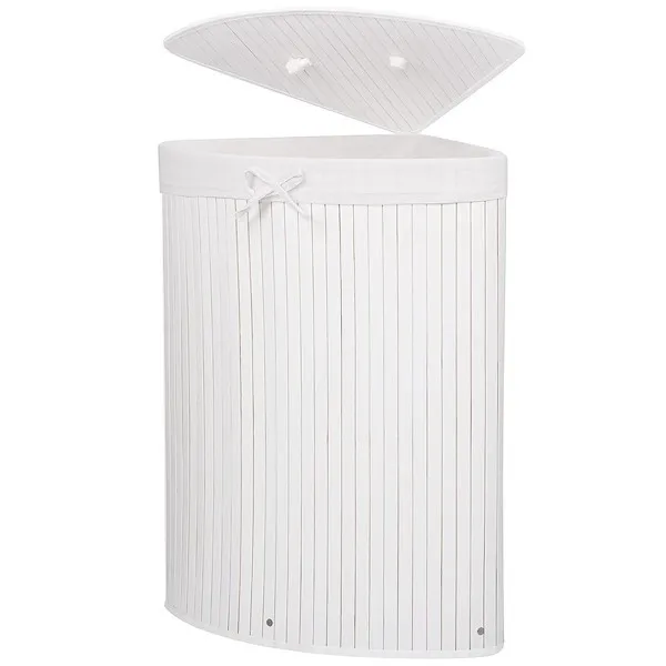 Kosz na pranie 80L narożny pojemnik z klapą bambus naturalny biały