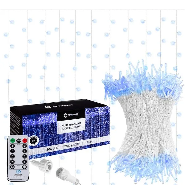 Kurtyna świetlna z pilotem 306 led girlanda, lampki wewnętrzno-zewnętrzne sople niebieski