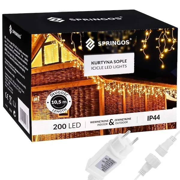 Kurtyna świetlna 200 led girlanda, lampki wewnętrzno-zewnętrzne sople ciepły biały