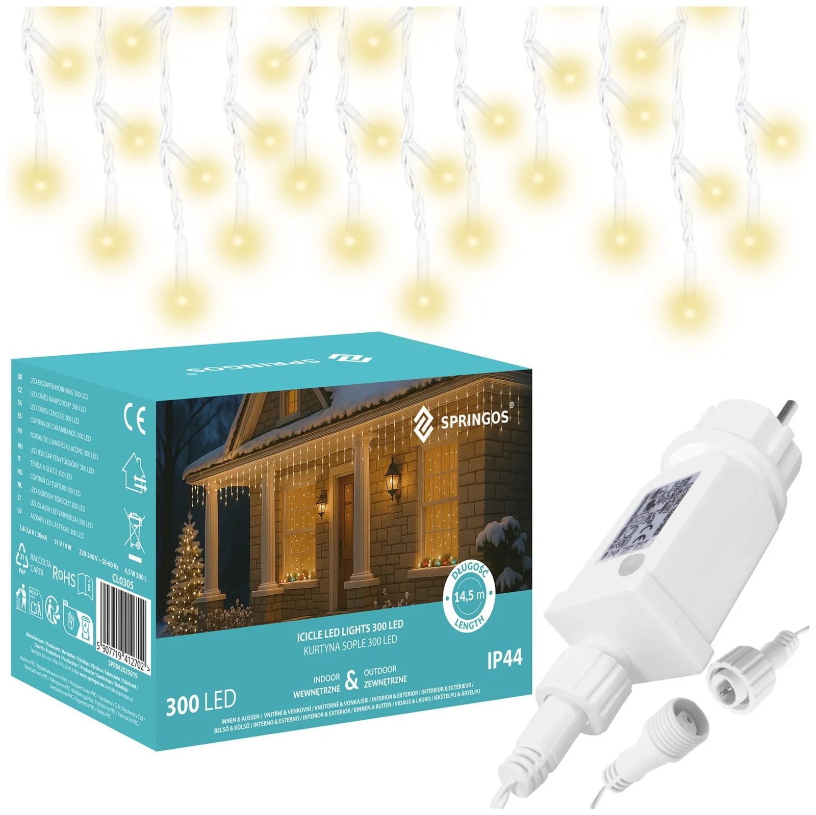 Kurtyna świetlna z pilotem 300 led girlanda, lampki wewnętrzno-zewnętrzne 14,5 m sople ciepły biały