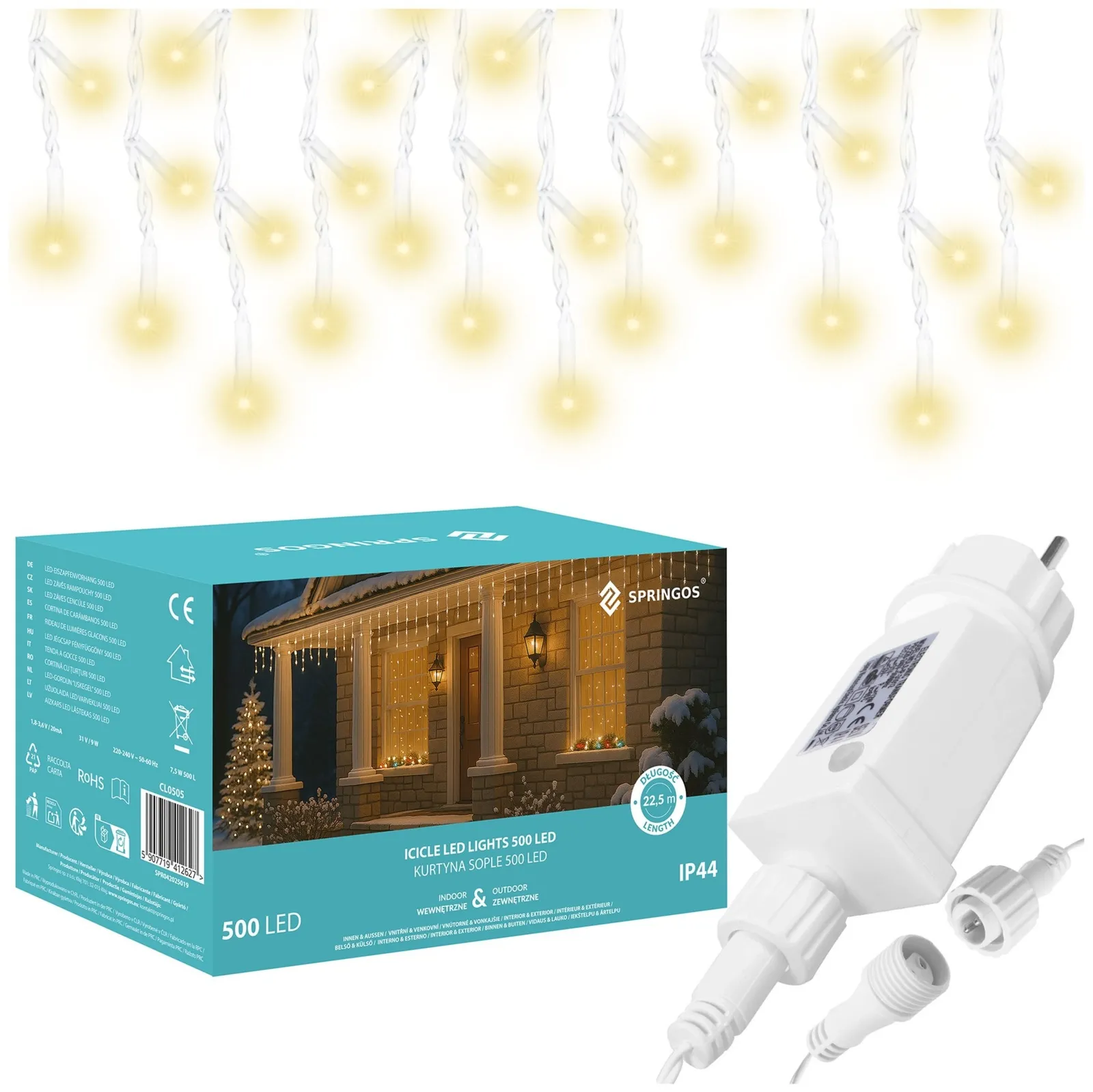 Kurtyna świetlna z pilotem 1500 led girlanda, lampki wewnętrzno-zewnętrzne 67 m sople ciepły biały