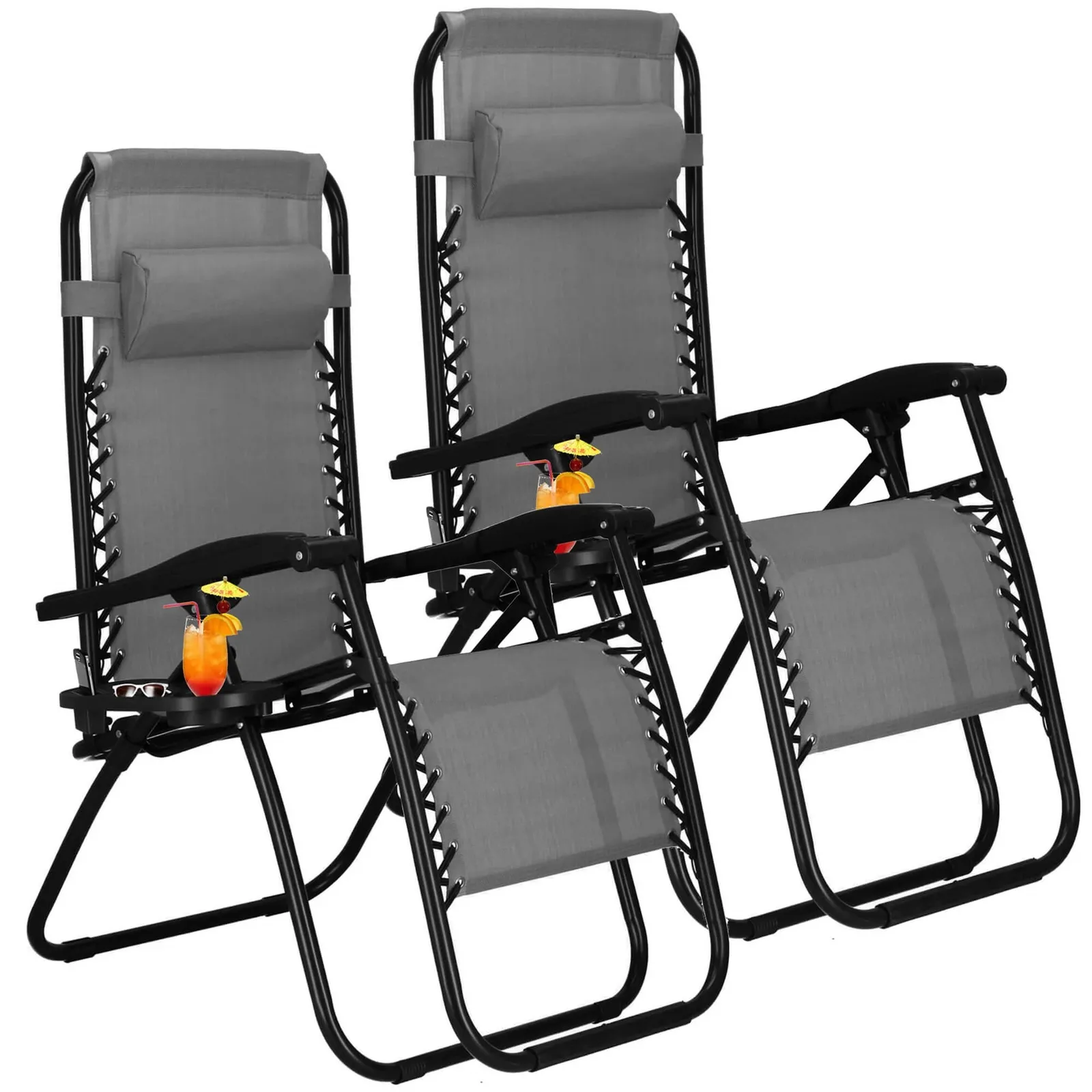 Leżak ogrodowy grawitacyjny z zagłówkiem szary zestaw 2 szt.
