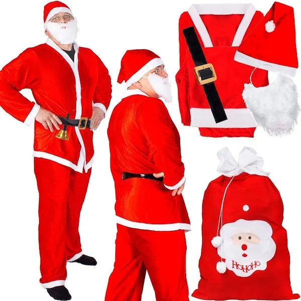 Strój Mikołaja welurowy z workiem, kostium 7 elementów czerwony