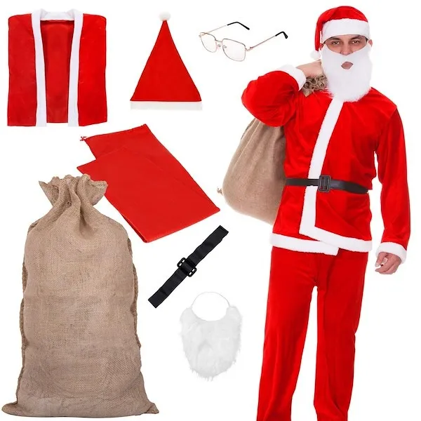 Strój Mikołaja 7 elementów z workiem jutowym kostium czerwony