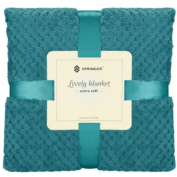 Narzuta na łóżko, pled 200x220 cm dwustronny, tłoczony koc na kanapę morski