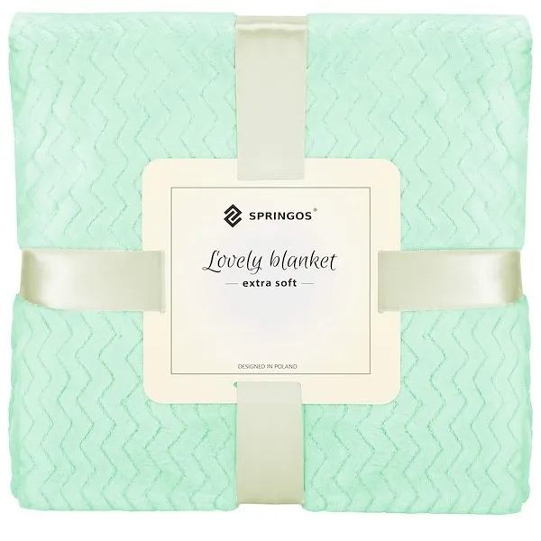 Narzuta na łóżko, pled 160x200 cm dwustronny, tłoczony koc na kanapę zielony zygzak