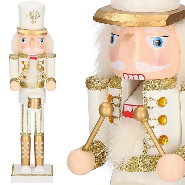 Dziadek do orzechów 38 cm z bębenkiem, ozdoba świąteczna, figurka drewniany żołnierzyk biały