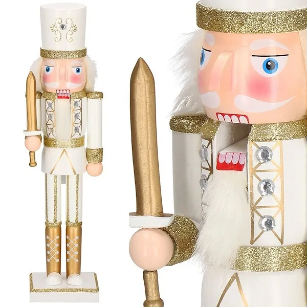 Dziadek do orzechów 38 cm z mieczem, ozdoba świąteczna, figurka drewniany żołnierzyk kremowo-złoty