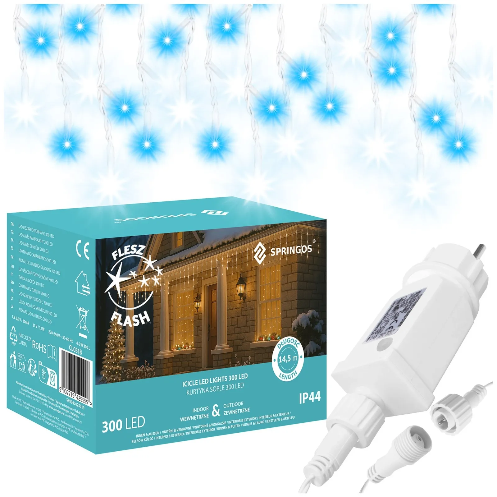Kurtyna świetlna 300 led niebieski, flash biały zimny girlanda, 14,5 m lampki wewnętrzno-zewnętrzne sople