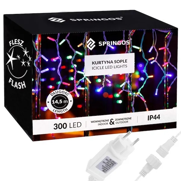 Kurtyna świetlna 300 led multikolor, flash biały zimny girlanda, lampki wewnętrzno-zewnętrzne sople