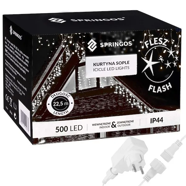 Kurtyna świetlna 500 led biały zimny, flash girlanda, lampki wewnętrzno-zewnętrzne sople