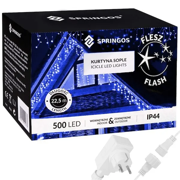 Kurtyna świetlna 500 led niebieski, flash biały zimny girlanda, lampki wewnętrzno-zewnętrzne sople