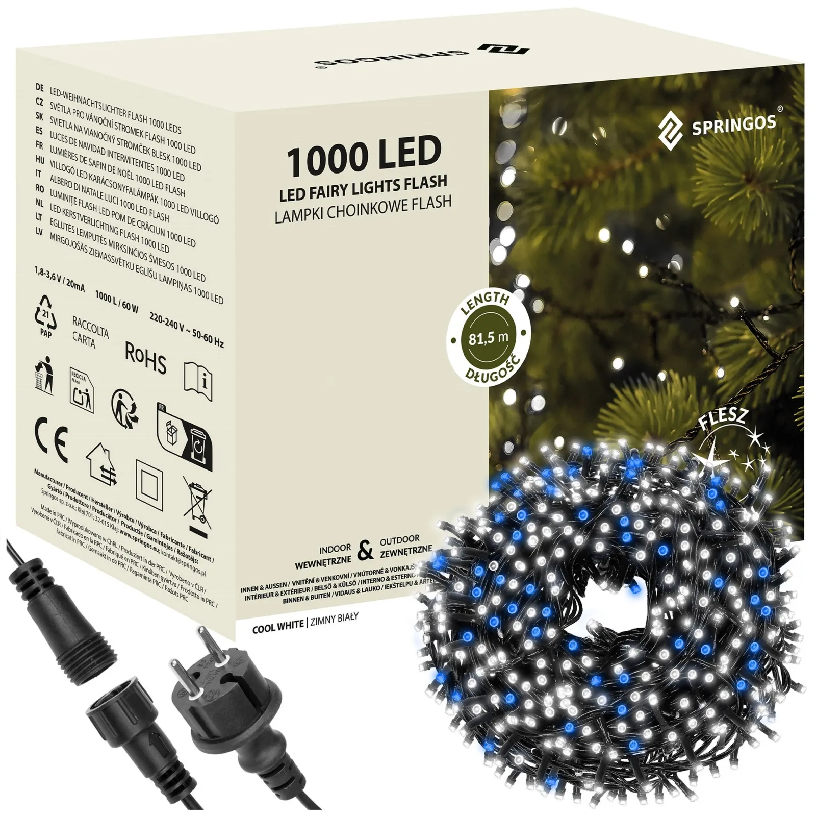 Lampki choinkowe 1000 led oświetlenie świąteczne IP44 81,5m biały zimny, flash niebieski