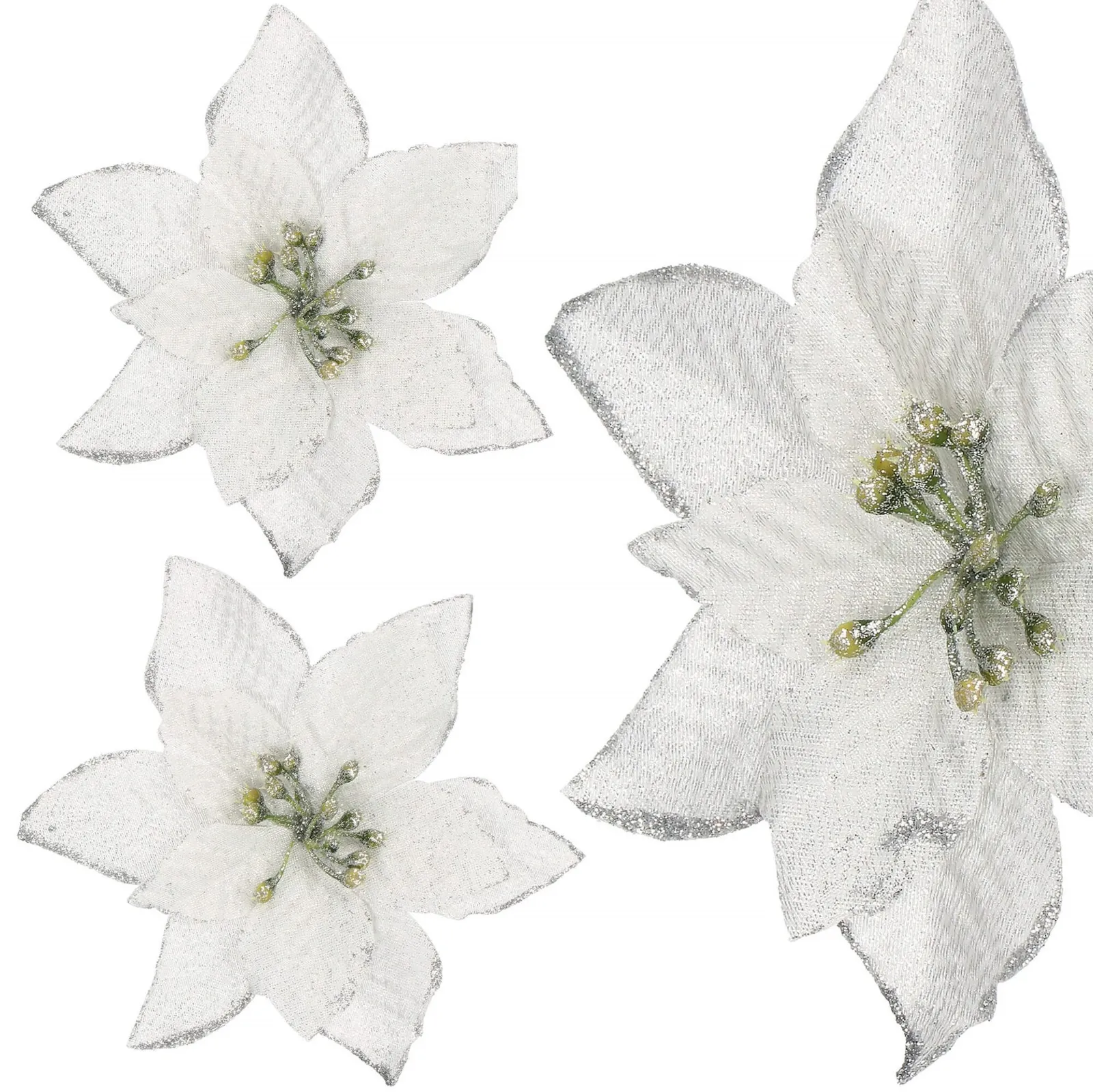 Gwiazda betlejemska 2 szt. srebrna z brokatem na klipsie poinsecja sztuczny kwiat