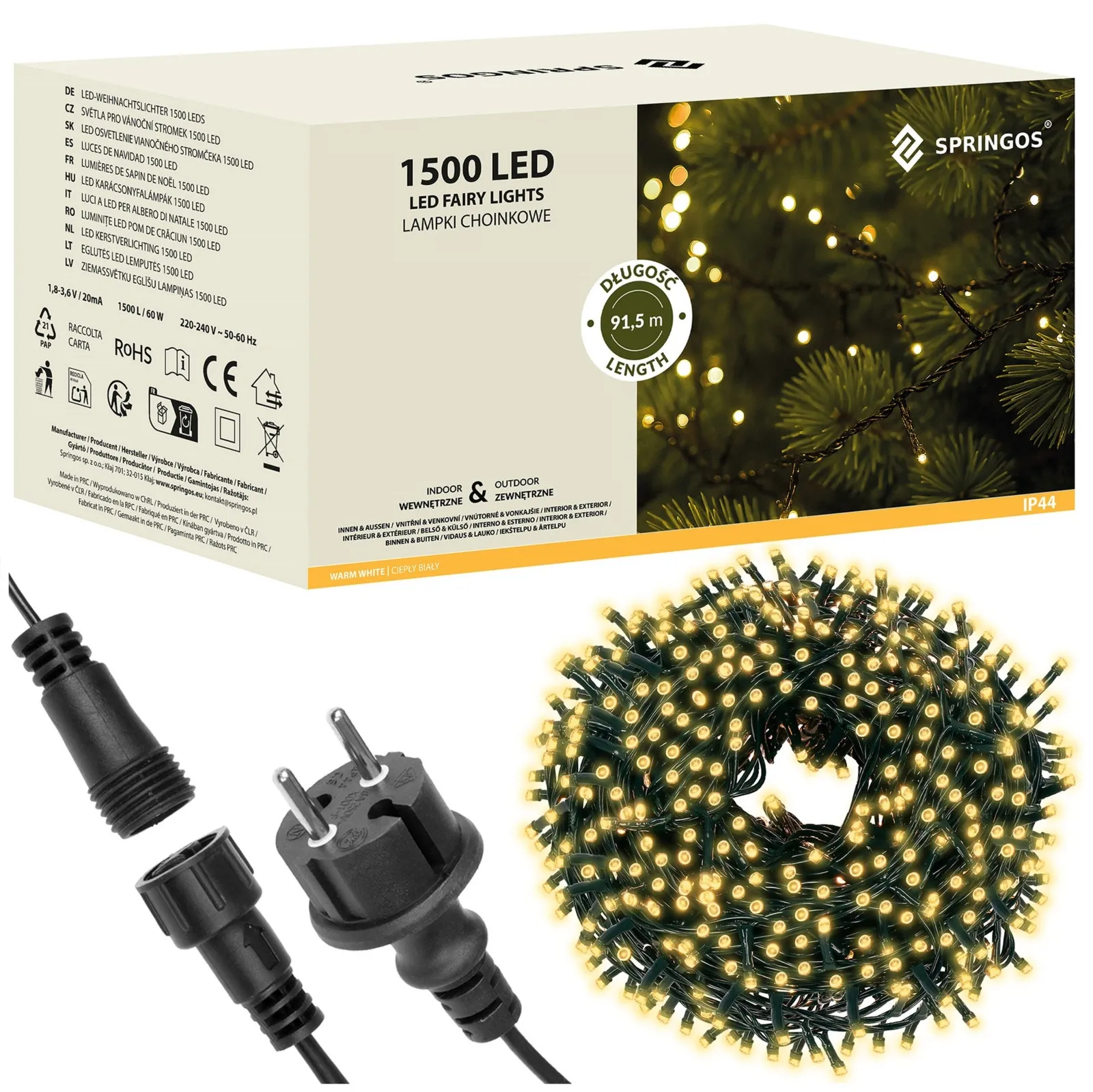 Lampki choinkowe 1500 LED 121,5 m biały ciepły zewnętrze wewnętrzne