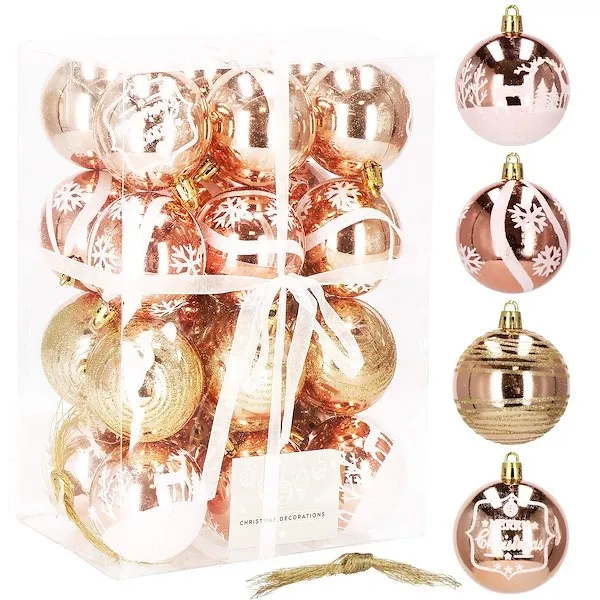 Bombki choinkowe 6 cm 24 szt. rose gold brokatowe zestaw choinkowy