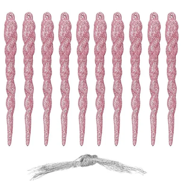 Zawieszki choinkowe 10 szt. 12 cm sople brokatowe różowe