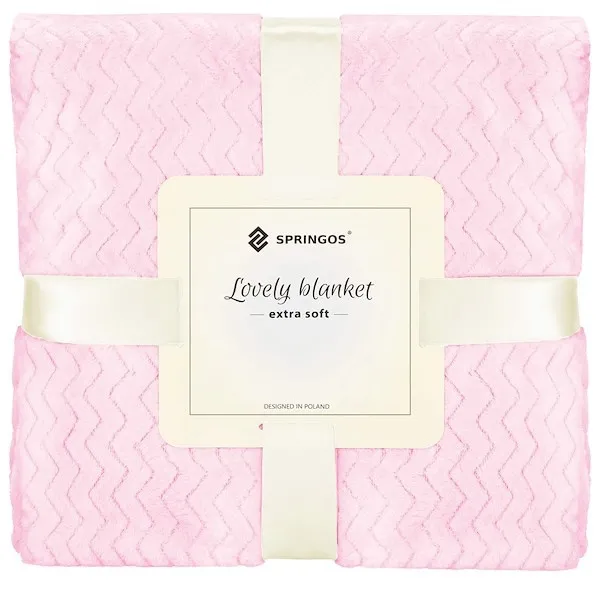 Narzuta na łóżko, koc 130x180 cm pled różowy dwustronny, tłoczony na kanapę zygzak