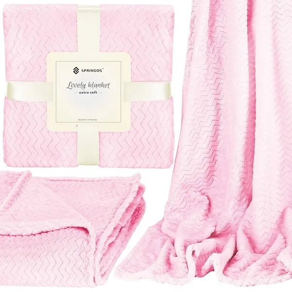 Narzuta na łóżko, koc 200x220 cm landrynkowy róż, dwustronny tłoczony pled na kanapę zygzak