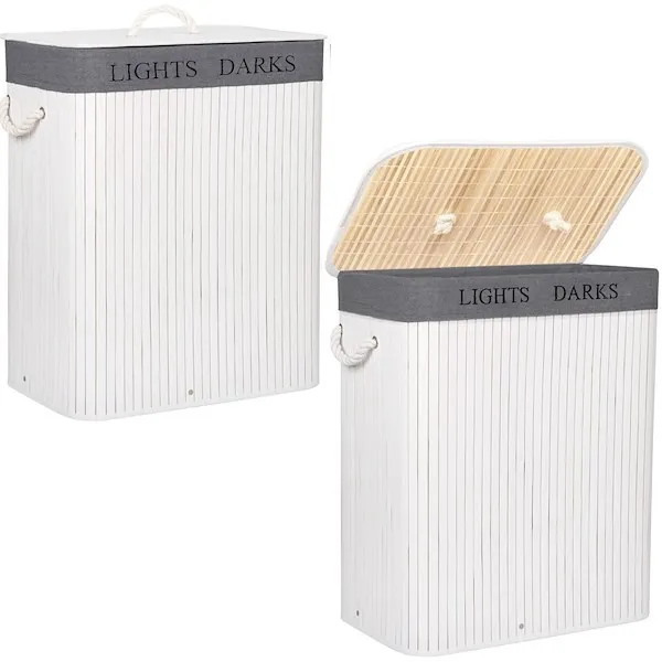 Bambusowy kosz na pranie 100 L z pokrywą biały organizer