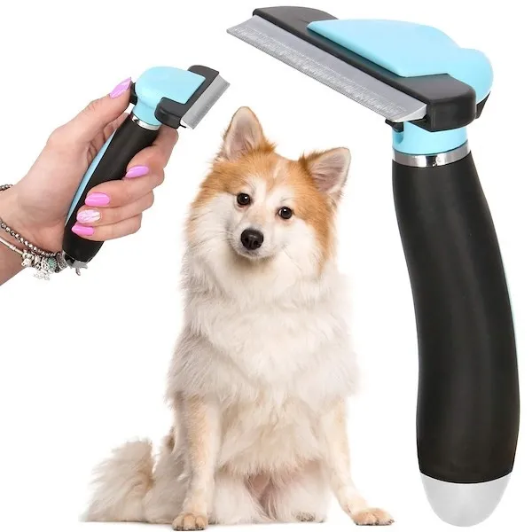 Szczotka do wyczesywania sierści psa, kota samoczyszcząca ostrze 10 cm niebiesko-czarna