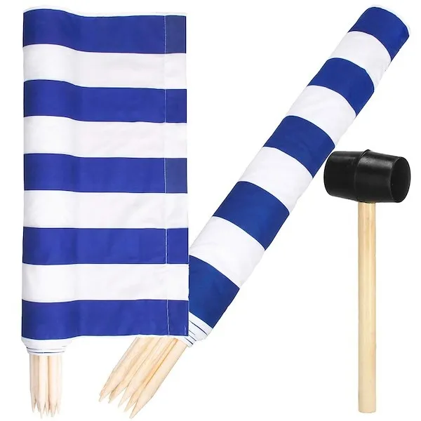 Parawan plażowy 15m niebieskie pasy z gumowym młotkiem