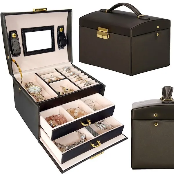 Szkatułka na biżuterię 17,5x14x12,5 cm brązowy kuferek z szufladami i lusterkiem