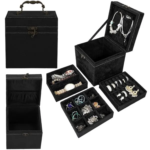 Szkatułka na biżuterię 12x12x12 cm czarny kuferek z przegródkami welurowy