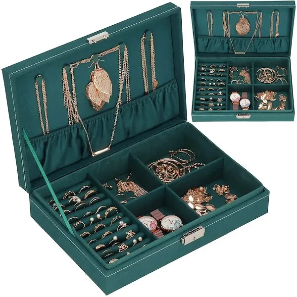 Szkatułka na biżuterię 28x19,5x7 cm zielony kuferek z przegródkami welurowy