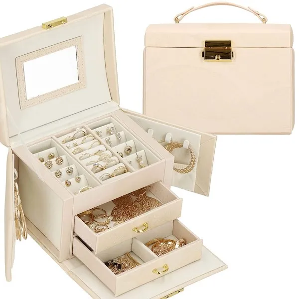 Szkatułka na biżuterię ekoskóra 18x14x13,5 cm kuferek kremowy z szufladami i lusterkiem