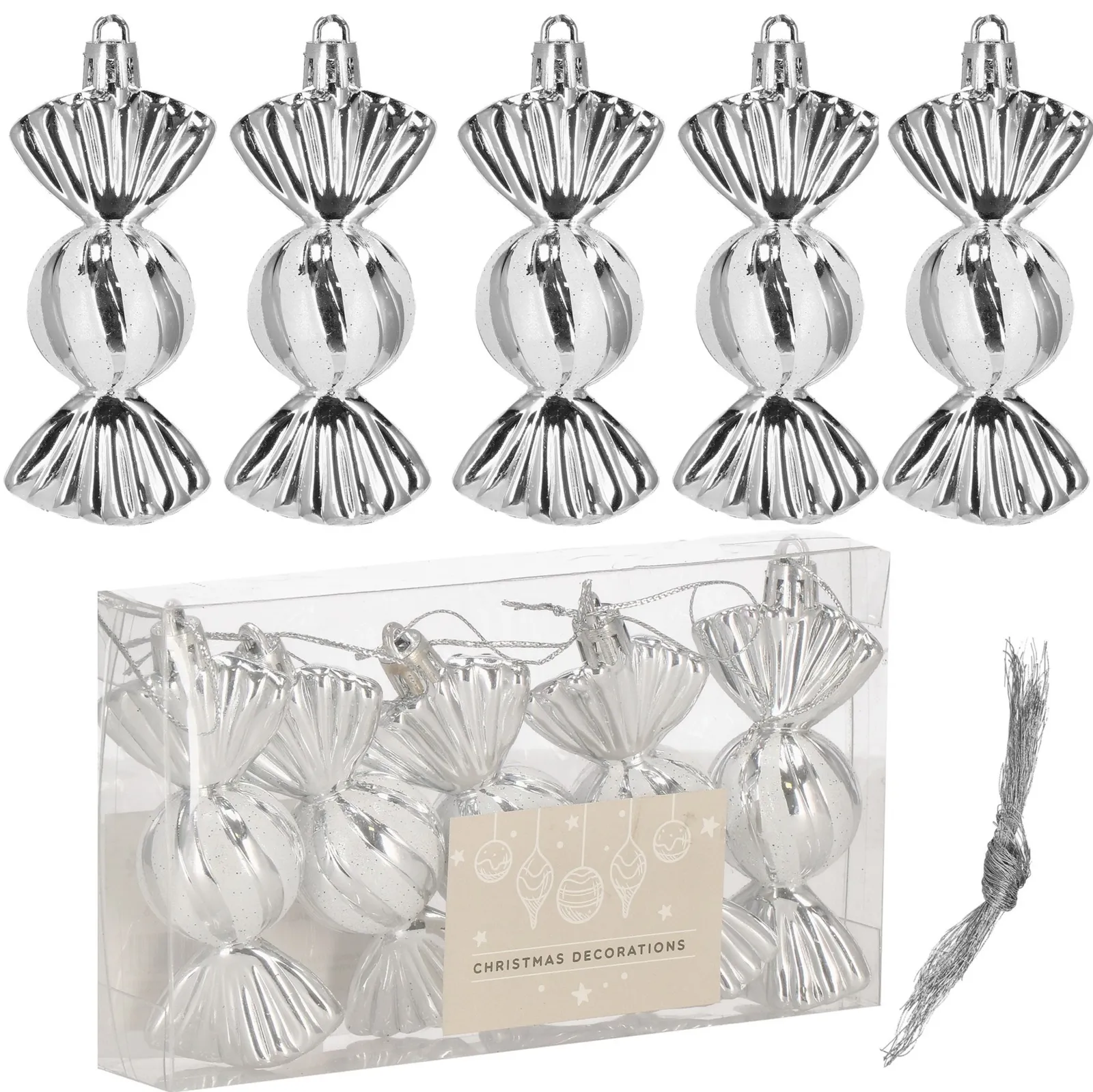 Bombki choinkowe 5 szt. ozdoby świąteczne zestaw cukierki 6 cm srebrne