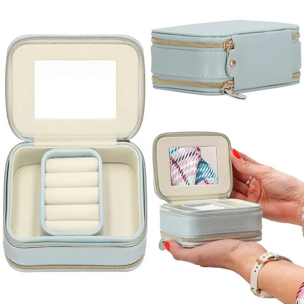 Szkatułka na biżuterię ekoskóra 11,5x8,5x5,5 cm błękitny kuferek z przegródkami