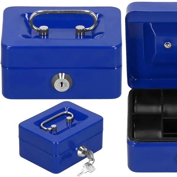 Kasetka na pieniądze metalowa 12,5x9,5x6,5 cm sejf niebieski