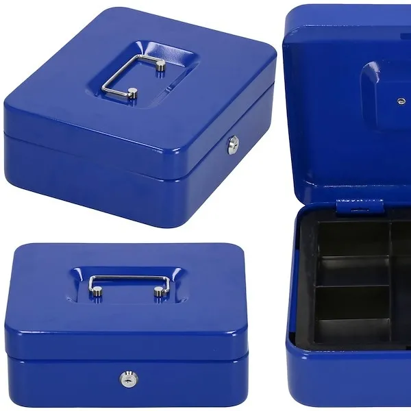 Kasetka na pieniądze metalowa 25x20x9 cm sejf niebieski